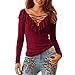 Produktbild Frashing Frauen Langarm T-Shirt mit V-Ausschnitt Lace-up Fest Rüschen Langärmliges Oberteil Stricken Eleganter Pullover mit Langen Ärmeln Herbst Strickhemd Casual Stretch Tunika Top