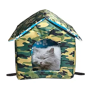 Cat Houses for Outdoor Cats, Outdoor Houses for Feral Cats Dogs, Cat Tent Outdoor, Cat House with Water-Resistant Canvas Roof, Stray Cats Shelter (Camouflage Green, Medium-Houses)