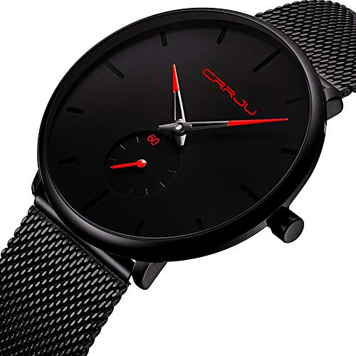 FIZILI Herren-Armbanduhr, ultradünn, minimalistisch, modisch, luxuriös, für Herren, Business-Kleid, lässig, wasserdicht, Quarzuhr für Herren, mit Edelstahl-Netzband und Sub-Zifferblatt, Rot FIZILI Herren-Armbanduhr, ultradünn, minimalistisch, modisch, luxuriös, für Herren, Business-Kleid, lässig, wasserdicht, Quarzuhr für Herren, mit Edelstahl-Netzband und Sub-Zifferblatt, Rot