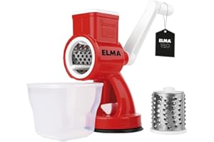 ELMA Ralladora Manual Italiana con Ventosa Antideslizante, Cuchillas de Acero Inox y Rodillos de Nylon 66 | Diseño Ergonómico, Libre de BPA | Ideal para Queso, Verduras, Frutos Secos y Chocolate