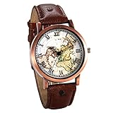JewelryWe Herren Damen Armbanduhr, Retro Analog Quarz Weltkarte Globus Karte Uhr mit Römischen Ziffern Zifferblatt und Leder Armband, Farbe: Braun