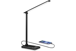 CHARYJOD Lampe de bureau LED à intensité variable avec 5 niveaux de luminosité et 10 couleurs, avec port USB, ports de type C, support de téléphone portable, interrupteur d'alimentation, minuterie,