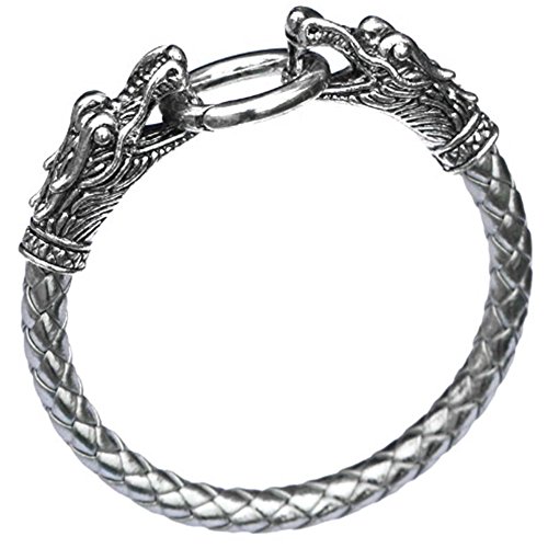 MESE London Pulsera Dragón en Cuero para Hombres Cabeza de Serpiente Vikinga de Plata