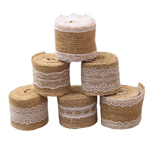 Yalulu 6 Stück 5 * 2M Vintage Leinwand Hessische Jute Lace Band Handwerk Farbband mit Weisse Spitzen für DIY Handwerk Hochzeit Haus Dekor