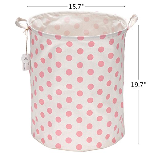 Sea Team 19.7″ Large Sized Waterproof Coating Ramie Cotton Fabric Folding Laundry Hamper Bucket Cylindric Burlap Canvas Storage Basket with Stylish Pink & White Polka Dot Design - 2