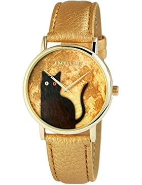 Trend-Wares Katzen Damen-Armbanduhr Gold Analog Quarz Metall Leder Kater Cat Damenuhr