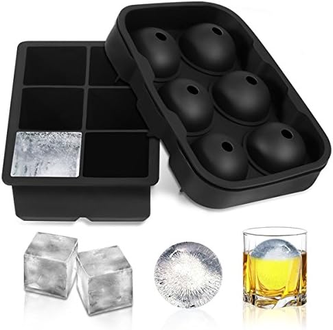 TANGCHU Ice Cube Trays Silicone Combo, Sphere Ice Ball Maker with Lid & Large Square Molds for Whiskey Cocktail Soft Drinks, Reusable and BPA Free,12 Cube Trays(Set of 2),black