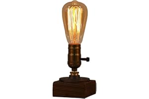 JINYU Weathered Wood Night Light Table Lamp Vintage Desk Lamp E26/E27 Edison Bulb Wooden Base Retro Industrial Steampunk Iron Pipe Flange Dimmable Nightlight for Bedroom Living Room Home Art Display