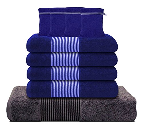 Liness Stripes 10 tlg Handtücher Set grün grau 4 Handtücher grau grün 50x100 cm 2 Badetuch Duschtuch 70x140 cm 4 Waschhandschuhe Waschlappen 100% Baumwolle Frottee Handtuch-Set grau grün apfelgrün