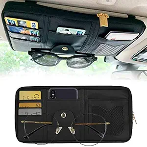 STHIRA Leather Car Sun Visor Organizer Auto Interior Accessories Pocket Organizer Truck Storage Pouch Holder with Multi-Pocket Net Zipper (Black)