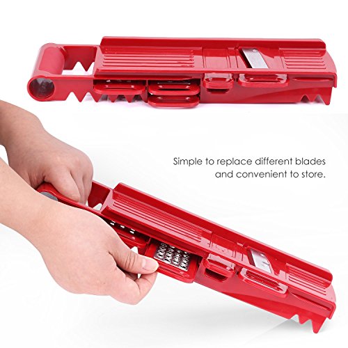 Nuovoware Multischneider für Gemüse Obst, Verstellbarer 5 in 1 Profi-Mandoline Reibe Gemüseschneider mit 5 Edelstahl Klingen, Nahrungsmittelsicherheits-Halter und eine Push-Sicherheit, Rot - 4