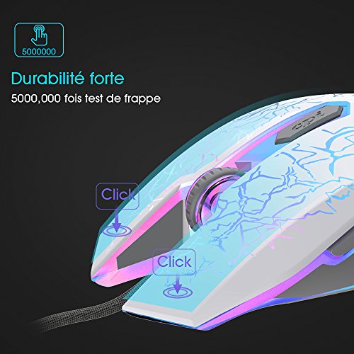 VersionTECH  Rat  n Gaming con Cable hasta 2400 DPI Rat  n Ergon  mico   ptico para Juegos con 7 Colores Luz LED 6 Bot  n Gaming Mouse Wired para PC Ordenadores Port  til Mac Blanco 
