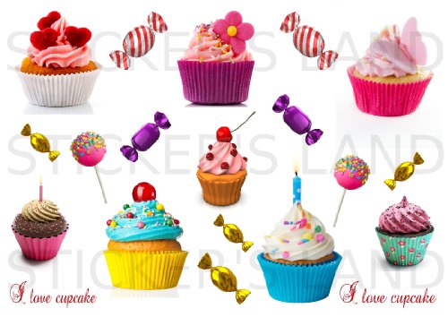 STICKERS DÉCORATIFS PATISSERIE CUISINE GATEAU BONBON CUPCAKE à découper (Planche à stickers DIMENSIONS 21x28cm en PAPIER ADHESIF TRANSPARENT)