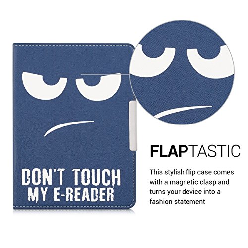 kwmobile Hülle für Tolino Vision 1 / 2 / 3 / 4 HD – Flipcover Case eReader Schutzhülle – Bookstyle Klapphülle Don’t touch my E-Reader Design Weiß Dunkelblau - 2