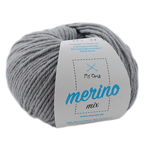 Wolle zum Häkeln * 1 Knäuel Merino Wolle kiesel (Fb 302) * graue Wolle stricken - Merino Mix Wolle + GRATIS MyOma Label - 50g/120m - MyOma Wolle - weiche Wolle - Mischwolle stricken