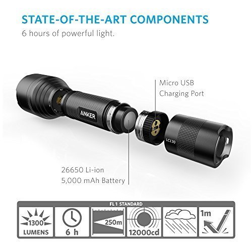 Anker Bolder LC130 LED Taschenlampe, IP67 Wasserfest, Wiederaufladbar, Professionelle Ultrahelle 1300 Lumen Taschenlampe mit 3 CREE LEDs (Kamping-, Sicherheit-, Notfallgebrauch), mit 5 Leuchtmodi, 26650 Batterien Inklusive - 5