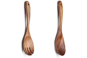 Fleymu Serveurs à Salade en Bois d'olivier - 2 pièces Couverts en Bois - Cuillère et Fourchette - 10,2 Pouces - Ustensiles de Cuisine pour Salade, Pâtes, Fruits
