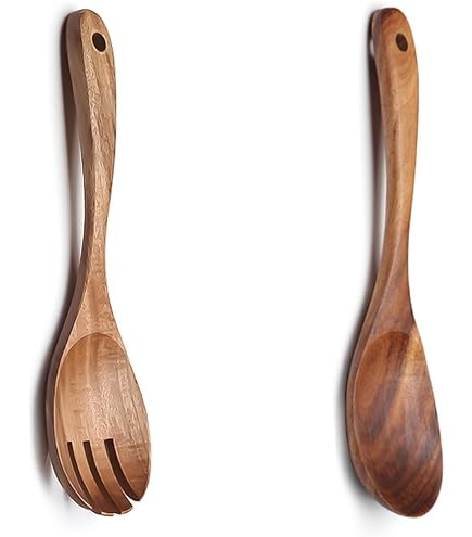 Set 2 Posate Insalata In Legno - Forchetta E Cucchiaio 10.2 Pollici, Manico Lungo, Per Mescolare E Servire - Foto 6