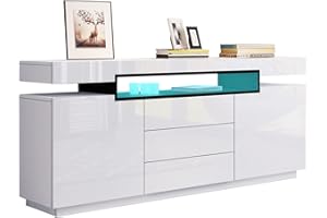 BESTWANTED Sideboard Chest of Drawers, LED Lighting, High Gloss Storage Cabinet with 2 Doors, 3 Drawers, Large Open Shelves, for Dining Room, Living Room, Kitchen, Hallway, 160 x 35 x 72 cm, White