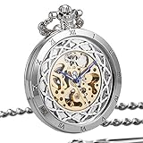 Taschenuhr offenes Gesicht Automatik Mechanische Herren Antik Silber Transparent SIBOSUN Römische Ziffern mit Kette + Geschenk cadeau
