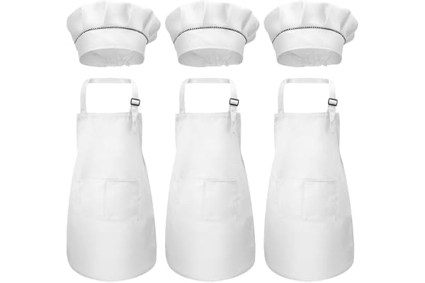 6Pcs Tablier Enfant et Chapeau de Chef Set, Tabliers de Chef avec Poches, Filles Garçons Réglables Tabliers de Cuisine Jardin, Bambin Tabliers de Cuisson pour Peinture l'artisanat (7-13 Ans)
