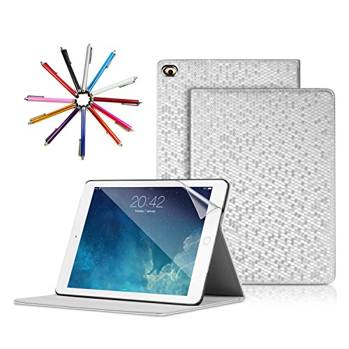 Rhodesy Nuovo Custodia per iPad 9.7 Inch 2017, elegante custodia in pelle con vibrazione argentata e diamante scintillante con auto sveglia / stilo e proteggi schermo per iPad Air 2 / iPad Air