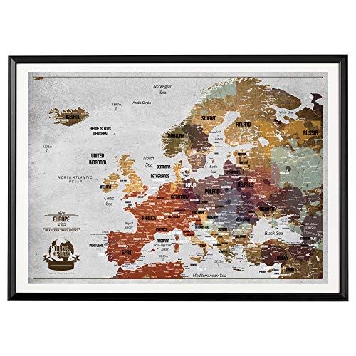 2Maps Carte de Voyage Push Pin + 100 Pièces Poussoirs, Carte Europe avec Cadre, Original Cadeau Familial, 73 x 53 cm, Personnalisées Cartes avec Couleurs Originales, Fabriqué en EU (Cadre Noir)