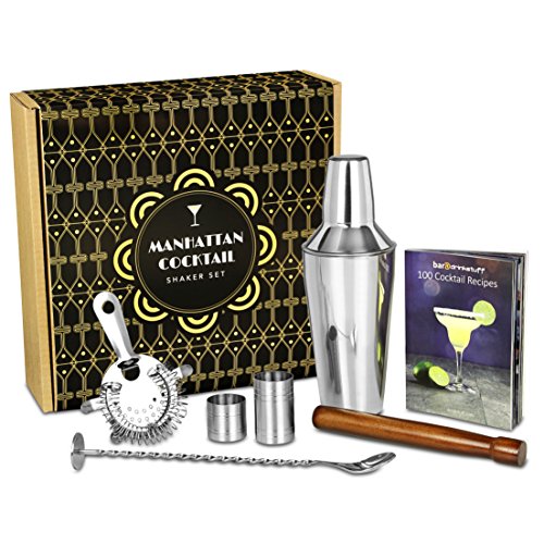 Manhattan Cocktail-Shaker Set in recycelbarer Box von bar@drinkstuff | Kit zum Zubereiten von Cocktails zu Hause mit Manhattan Mixer, Cocktail-Buch (Englisch), Cocktailsieb, Stößel, gedrehtem Barlöffel, 25ml & 50ml Fingerhut-Barmaß