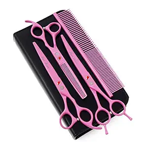 Purple Dragon 7.0 inch Rhinestone Decoration 3PCS Pet Grooming Scissors Dog Hair Cutting & Thinning Shears Set (Pink)