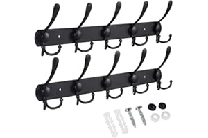 JPGhaha Percheros de Pared para Ropa Negros Juego de 2 Perchero con 5 Ganchos de Alta Resistencia con Tornillos y Tubos de Expansión 41 x 13 mm para Ropa Sombreros Toallas