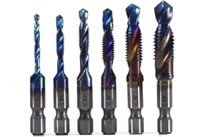 LELUKEE 6-częściowy zestaw wierteł kombinowanych HSS zestaw bitów 3 w 1 wiertło gwintowe, trzpień sześciokątny 1/4". M3-M10, niebieskie