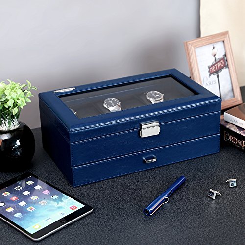 Songmics Uhrenbox für 10 Uhren Uhrenkoffer Sichtfenster aus PU und Glas blau JWB012L - 3