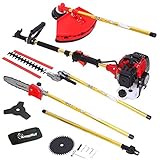 6in1 Multifunktions Motorsense, wechseln Sie die Aufsätze zwischen Rasentrimmer, Heckenschere, Hochentaster und Dickichtschneider ( 3-Zahn Messer und 40-Zahn Messer)