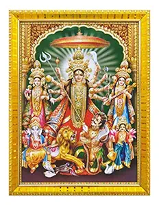 Koshtak Durga/ambe/sherawali maa with Kartik Ganesh laxmi sarasawti Photo Frame with Laminated Poster for puja Room Temple Worship/Wall Hanging/Gift/Home Decor (30 x 23 cm)