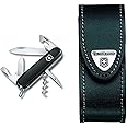 Victorinox Spartan Swiss Army Pocket Knife, Medium, Multi Tool, 12 Functions, Blade, Bottle Opener, Black & Leather Pouch for Swiss Army Pocket Knives, 3,5cm x 10cm, Black