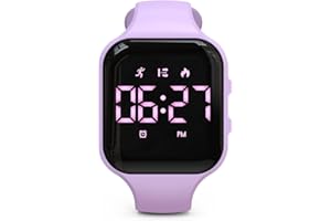 Focwony Kinder-LED-Fitness-Tracker-Uhr, Schrittzähleruhr Digitaluhr, Armbanduhr, Schrittzähler/Entfernung/Kalorien/Wecker, Tolles Geschenk für Kinder Teenager Mädchen Jungen (Lila-Quadrat)