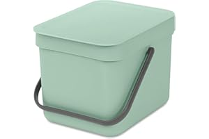 Brabantia Sort & Go Food Waste Bin 6L (Jade Green), Space-Efficient Plastic Recycle Bin with Handle, Removable and Stay-Open Lid, Easy to Clean Kitchen Compost Caddy without Nooks and Rims