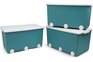 Thermobaby - Coffre de rangement PLAYBOX - MAXI 42 L - Lot de 3 Boites de Rangement - Caisse de Rangement en Plastique avec Couvercle - Clips de Fermeture - Poignée - Empilable - Vert Azur