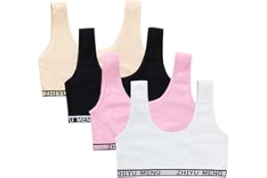 BYNYXI 4 sztuki dziewczęcych biustonoszy sportowych, top na ramiączkach, dla dzieci, dziewczynek, szeroki, biustonosz na ramiączkach, biustonosz z pełną miseczką, oddychający, bawełna, bez fiszbinów, bezszwowy biustonosz treningowy dla dzieci w wieku 9-14 lat, nastolatków