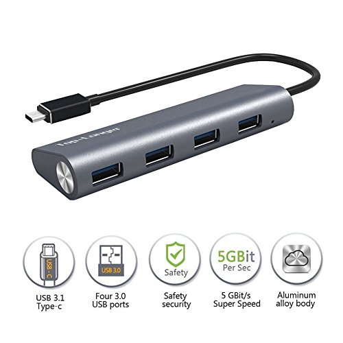 Top-Longer Aluminium USB Type C auf 4 Ports USB 3.0 für USB Type-C Geräte inklusive des neuen MacBooks, ChromeBooks Pixel und weiteren (Gray)