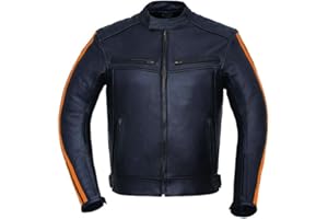 Jet Men’s Black Leather Motorcycle Motorbike Jacket Removable Armour Cafe Racer Style Racing Stripes Genuine Cowhide Biker Protective Jacket with Vents & Zipper Cuffs ROADLINE