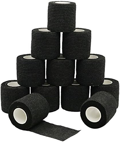 YuMai 12 Pack 5cm X 4.5m Self Adherent Cohesive Wrap Bandages Flexible Stretch Athletic Tape with Strong Elastic for Medical Sport Pet Supply - black