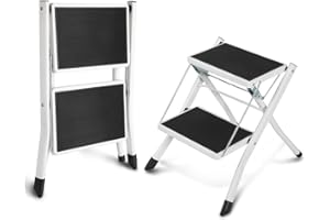 ROYALSWILL Tritthocker 2 Stufen, Klapptritt Leiter Stehleitern mit Rutschfestes Fußpolster, Faltbarer Leichter Mini-Hocker, Stufenleiter Haushaltsleiter mit Klappsicherung, Faltbar Stahl Tritthocker bis 150KG