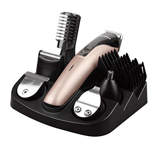 Pritech 6-en-1 Trousse de toilette pour hommes Full Size Trimmer, tondeuse nez, barbe, Shaver (Golden)