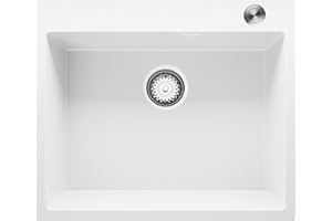 Lavabo Cuisine en Granit Blanc, 59 x 50 cm, Evier 1 bac + Kit de Vidage Pop-Up, Évier à Encastrer de Primagran
