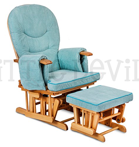 LUXURIOUS HUSH HUSH SOLID OAK WOOD GLIDER CHAIR WITH BABY BLUE CUSHIONS - NURSING GLIDER / ROCKER / ROCKING / MATERNITY / FEEDING CHAIR (With Locking Mechanism & Free Matching Footstool)