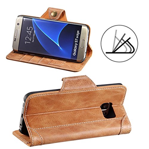 Funda Galaxy S7 Edge  Lensun Funda de Cuero Genuino para Samsung Galaxy S7 Edge 5 5  con Cartera para Tarjetas y Cierre Magnetico - Marr  n  S7E-GT-BN 