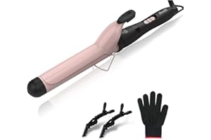 Pretfy Curling Tongs, 32mm Curling Iron 1.25" Hair Curler Professional Ceramic Curling Wand, LCD Display, Adjustable Temperature from 60 ~ 220 °C with Heat Resistant Glove, 30S Quick Heating, Auto-Off