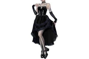 XKBHYD Gothic Hi Low Swing Cocktail Party Dress Women's Vintage Goth Lace Smocked Elastic Waist Pleated Flowy Bodycon Dresses