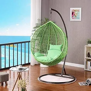 SAGA NEST Single Seater |Swing Chair with Stand & Cushion & Hook Outdoor Indoor| Outdoor| Living Room | Balcony | Garden | Patio | Home Improvement (Stand_Brown, Basket_Green, Cushion_Green)